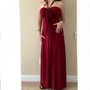 Evanese Elegant Cross Tie Formal Maroon Burgundy Cranberry Maxi Evening Gown